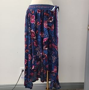 Rayon printed  hi& low side ribbon midi skirt